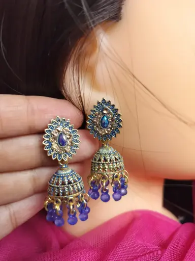Royal Blue Antique Jhumka Earrings with Bead Danglings