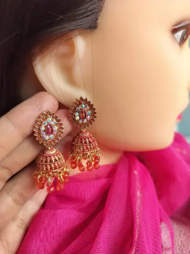 Ruby Red Antique Jhumka Earrings with Crystal Bead Danglings