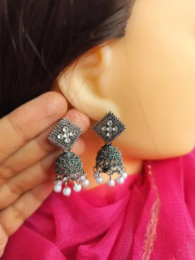 Oxidized Silver Square Stud Jhumka Earrings with Pearl Drops
