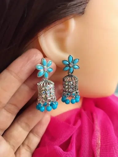Floral Turquoise Jhumka Earrings with Crystal Accents