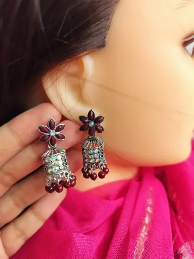 Maroon Floral Crystal Jhumka Earrings