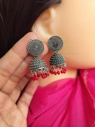 Antique Oxidized Silver Jhumka Earrings with Red Beads