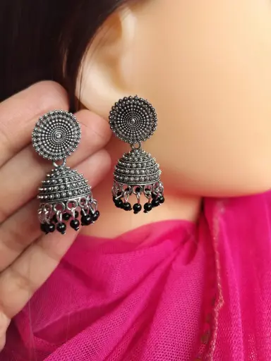 Antique Oxidized Silver Jhumka Earrings with Black Beads