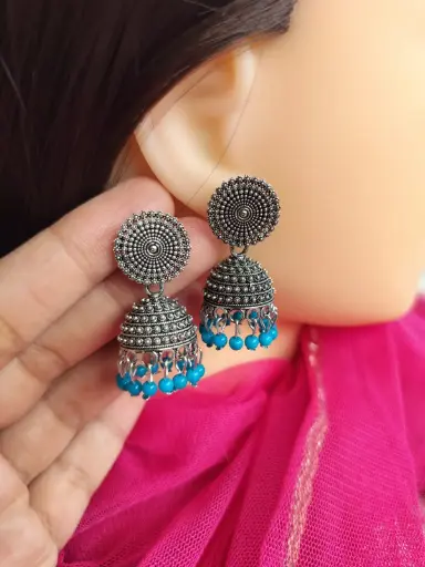 Antique Oxidized Silver Jhumka Earrings with Blue Beads