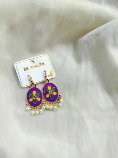 Vibrant Purple Floral Drop Earrings with Pearl Accents – M Mira Art