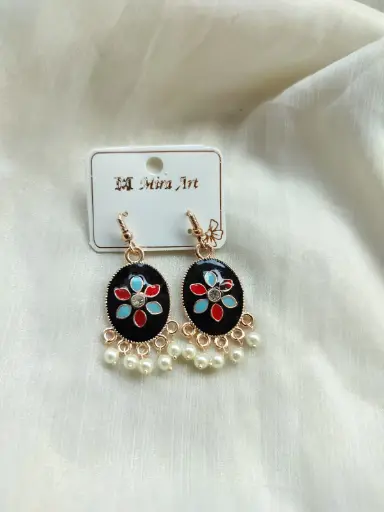 Bold Black Floral Drop Earrings with Blue-Red Petals – M Mira Art