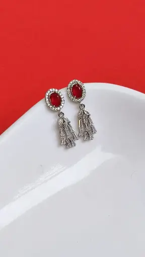 Ruby Red Oval Drop Earrings with Crystal Tassels