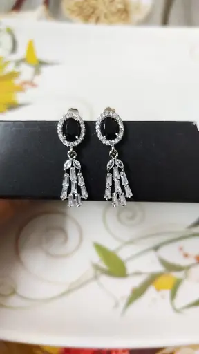 Elegant Black Stone Drop Earrings with Crystal Tassels