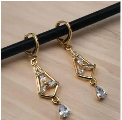 Golden Geometric Drop Earrings with Sparkling Stones