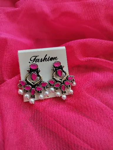 Elegant Oxidized Pink Stone Earrings with Pearl Drops