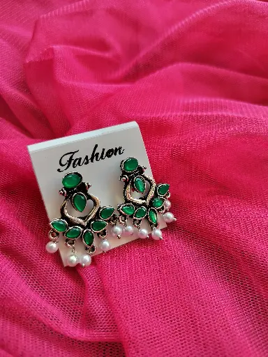 Graceful Oxidized Green Stone Earrings with Pearl Accents