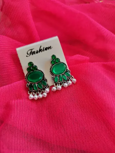 Elegant Oxidized Green Stone Earrings with Pearl Drops