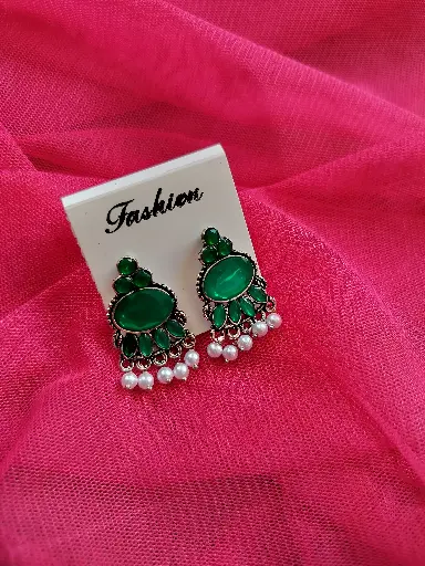 Elegant Oxidized Green Stone Earrings with Pearl Drops
