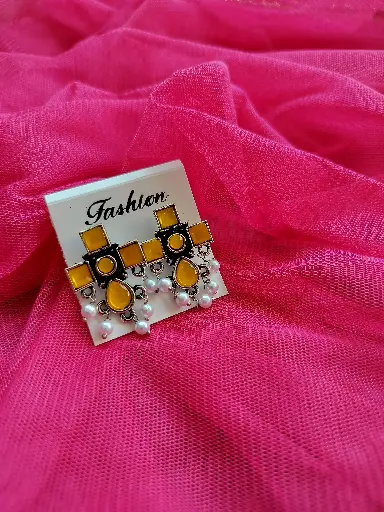 Vibrant Oxidized Yellow Stone Earrings with Pearl Drops