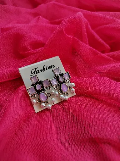 Oxidised Light Pink Stone Earrings with Pearl Drops