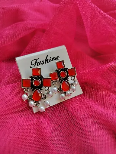 Oxidised Red Stone Earrings with Pearl Drops