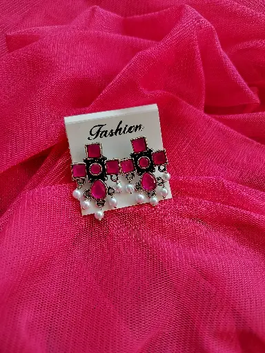 Oxidised Pink Stone Earrings with Pearl Drops