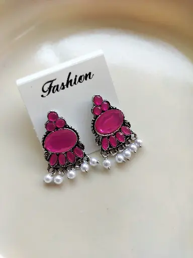 Oxidised Hot Pink Stone Earrings with Pearl Accents