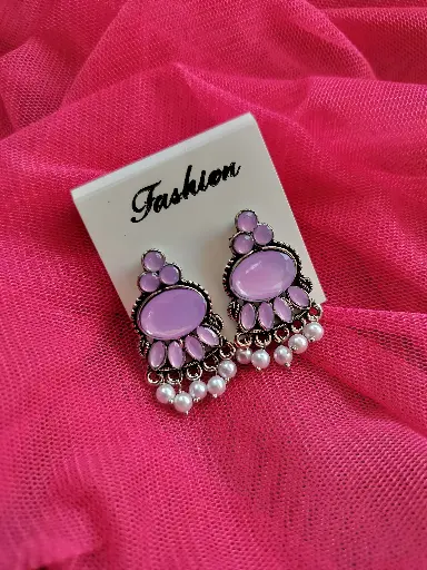 Oxidised Lavender Stone Earrings with Pearl Drops