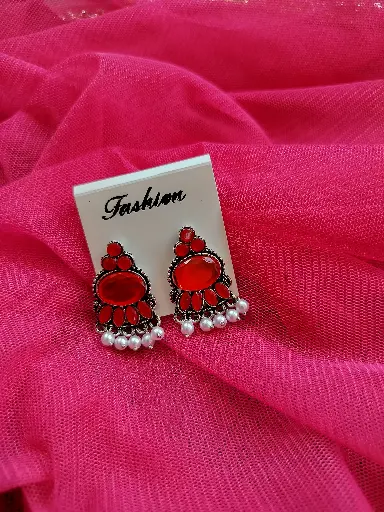 Oxidised Red Stone Earrings with Pearl Detailing