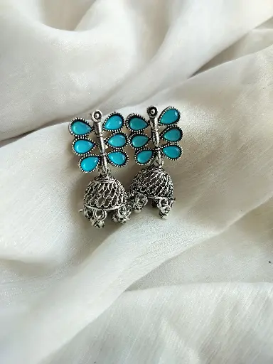 Oxidized Silver Peacock Design Jhumka Earrings