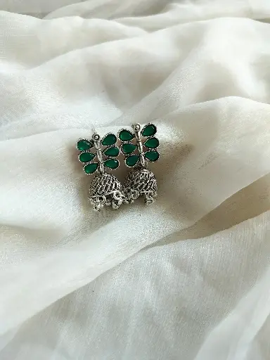 Oxidized Silver Peacock Design Jhumka Earrings - Emerald Green