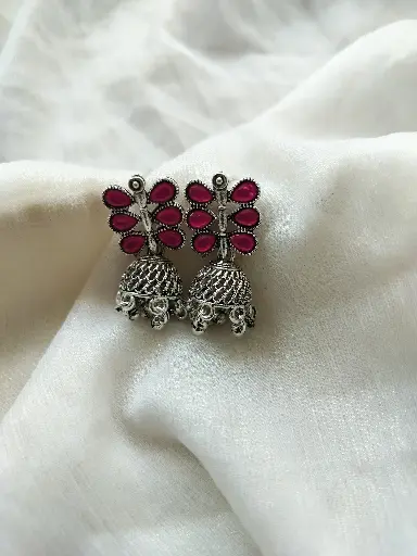 Oxidized Silver Peacock Jhumka Earrings – Ruby Pink Accents